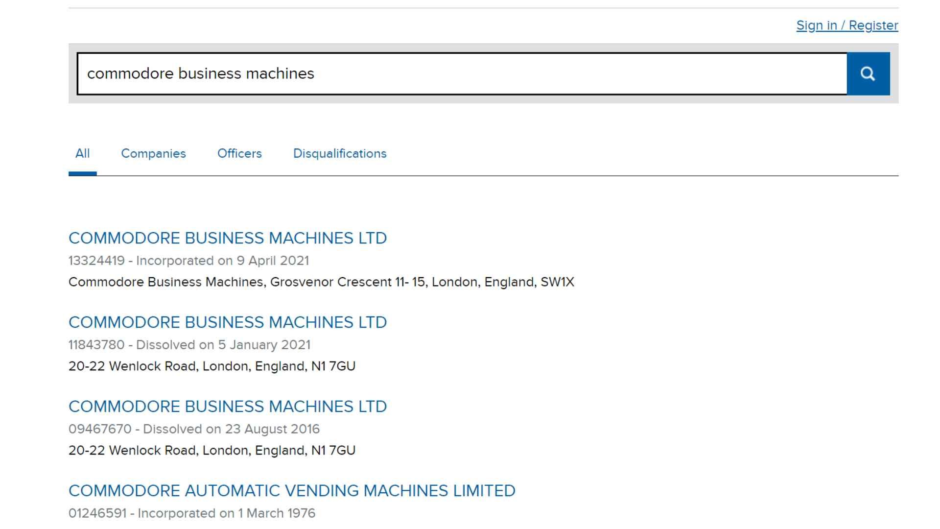 Three Commodore Business Machines companies listed on Companies House