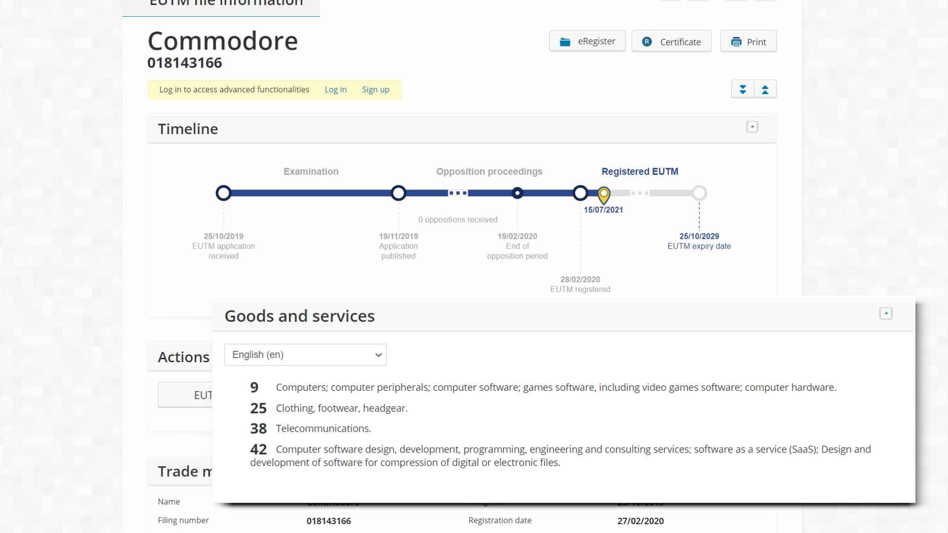 Registration timeline of the Commodore wordmark