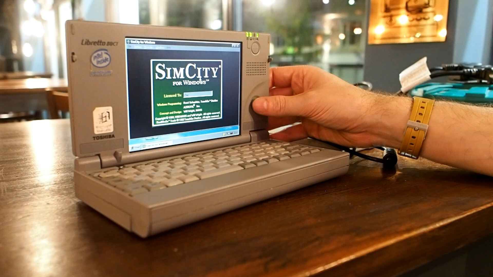 A Toshiba Libretto running SimCity in Barcadia Bar