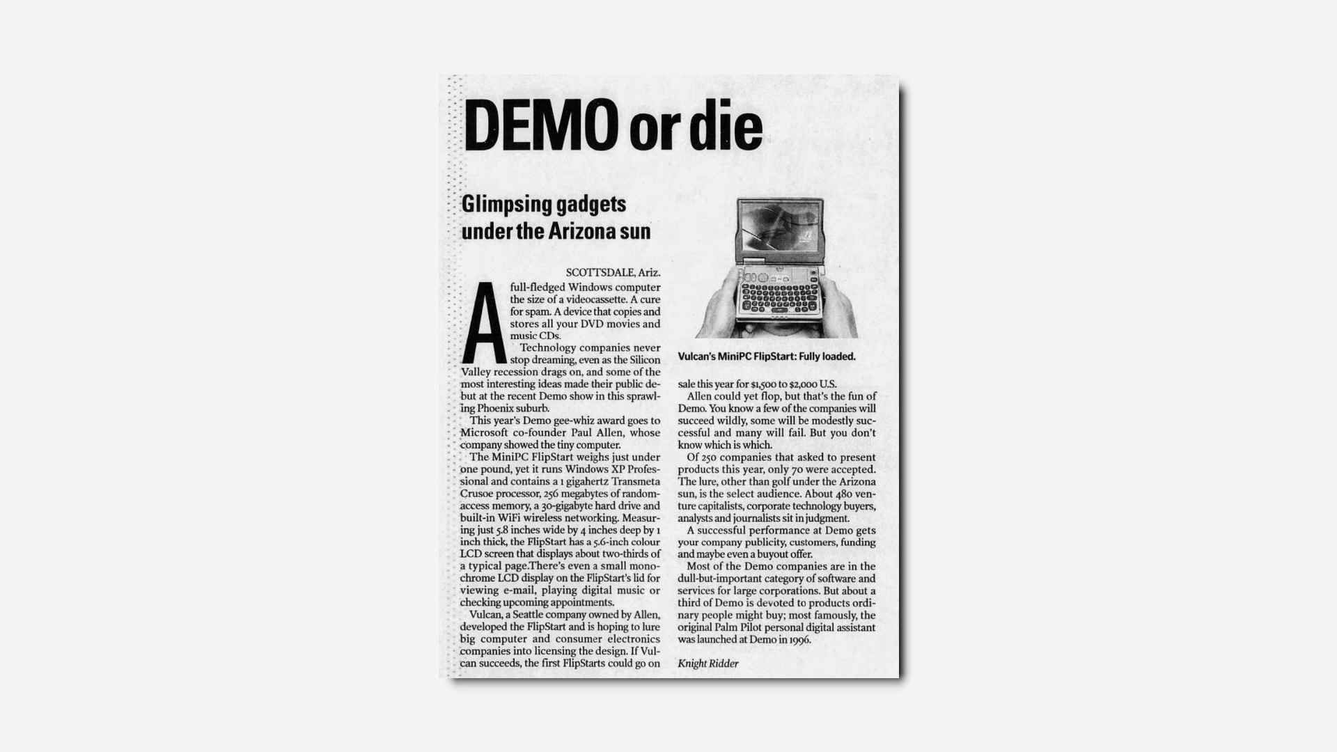 "DEMO or die" headline, with an article about the gadgets at the Seattle 2004 DEMO Trade Show.