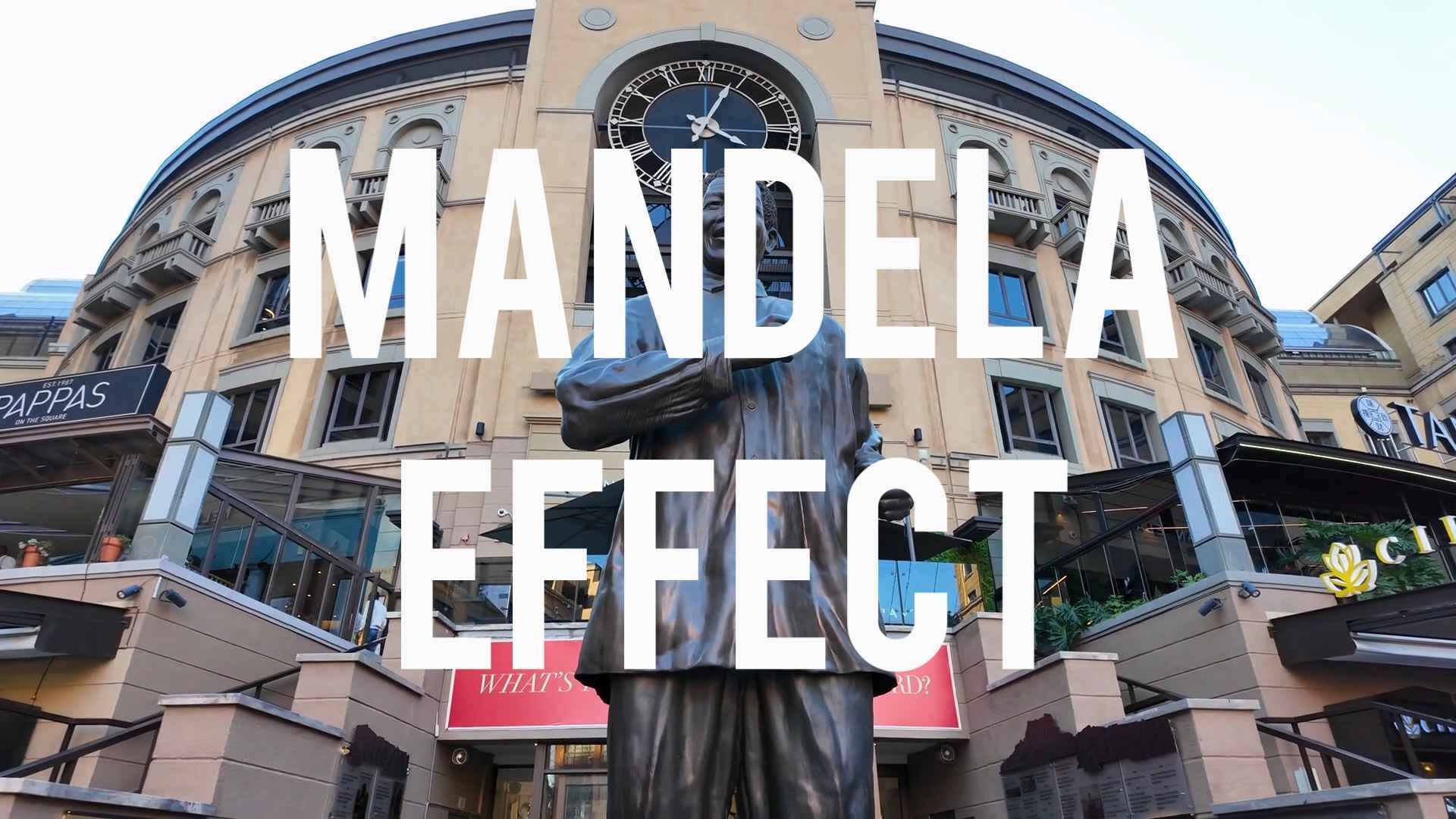 The Mandela Effect text, shown in front of a statue of Nelson Mandela