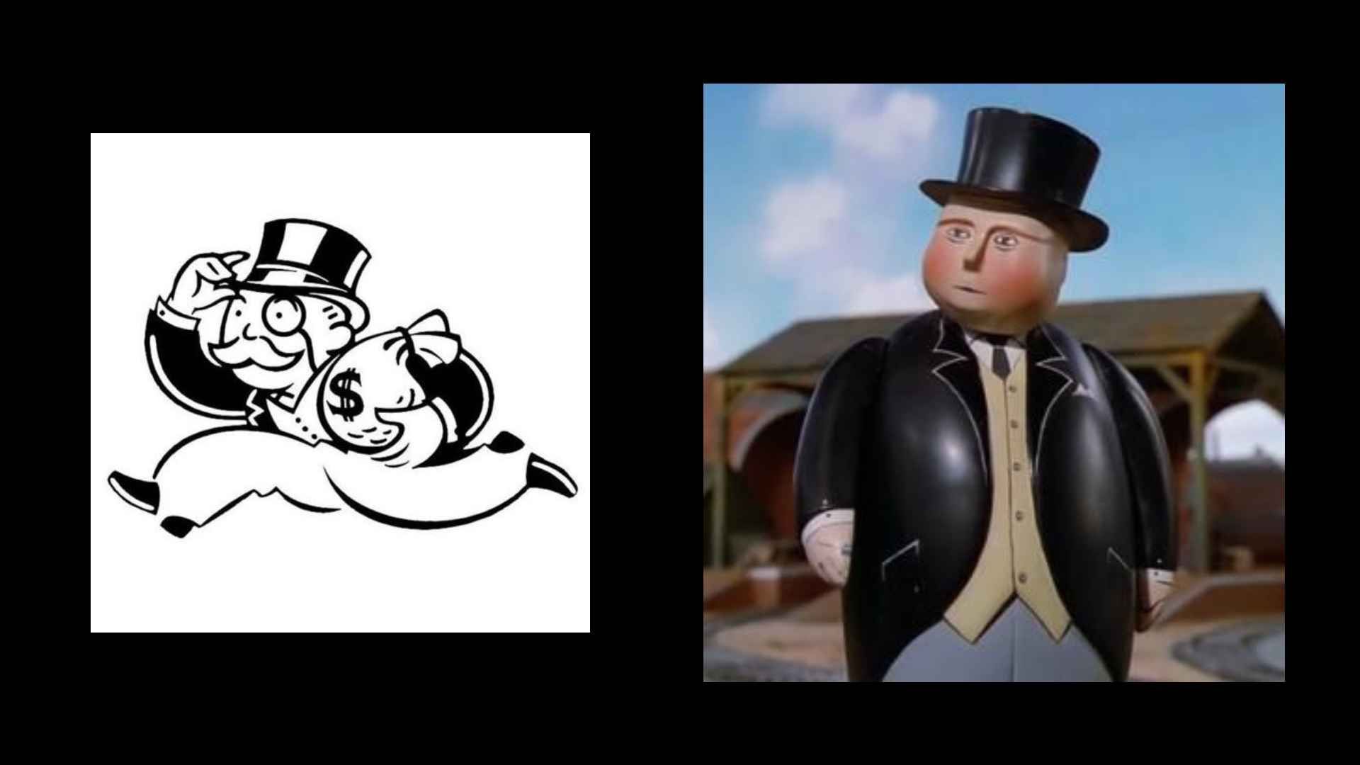 Sir Toppem Hat next to the Monopoly Man (the Monopoly Man has a monocle, Toppem Hat does not)