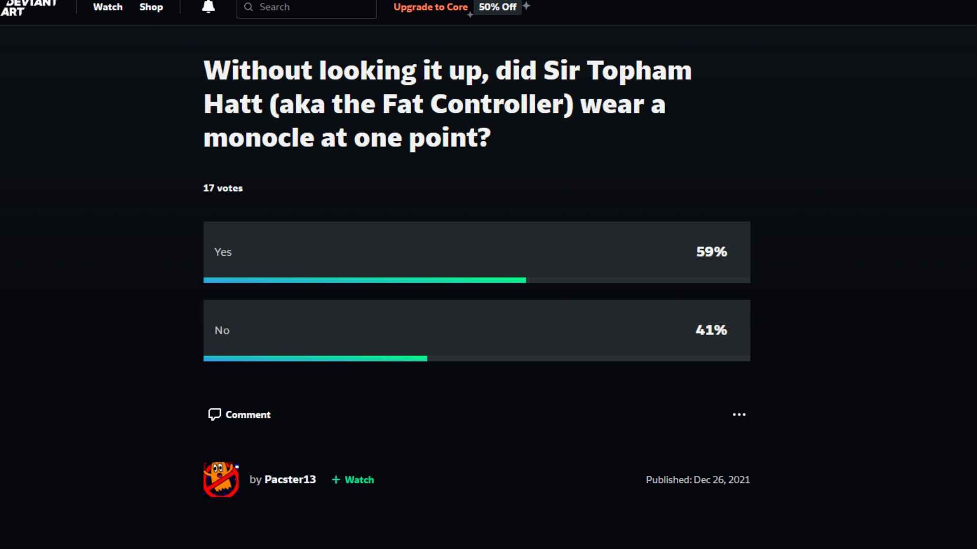 The poll asking whether people think Sir Topham Hatt has a monocle or not. 59% do. 41% do not.