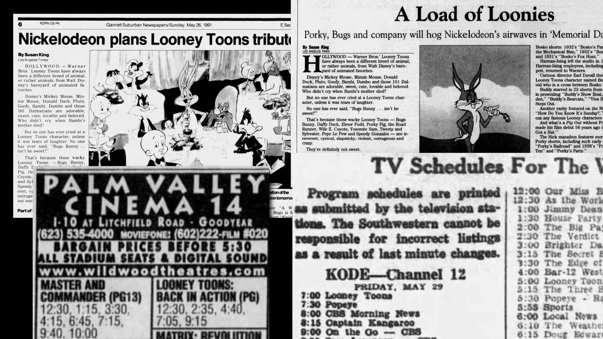 Various newspaper stories spelling Looney Tunes as Looney Toons