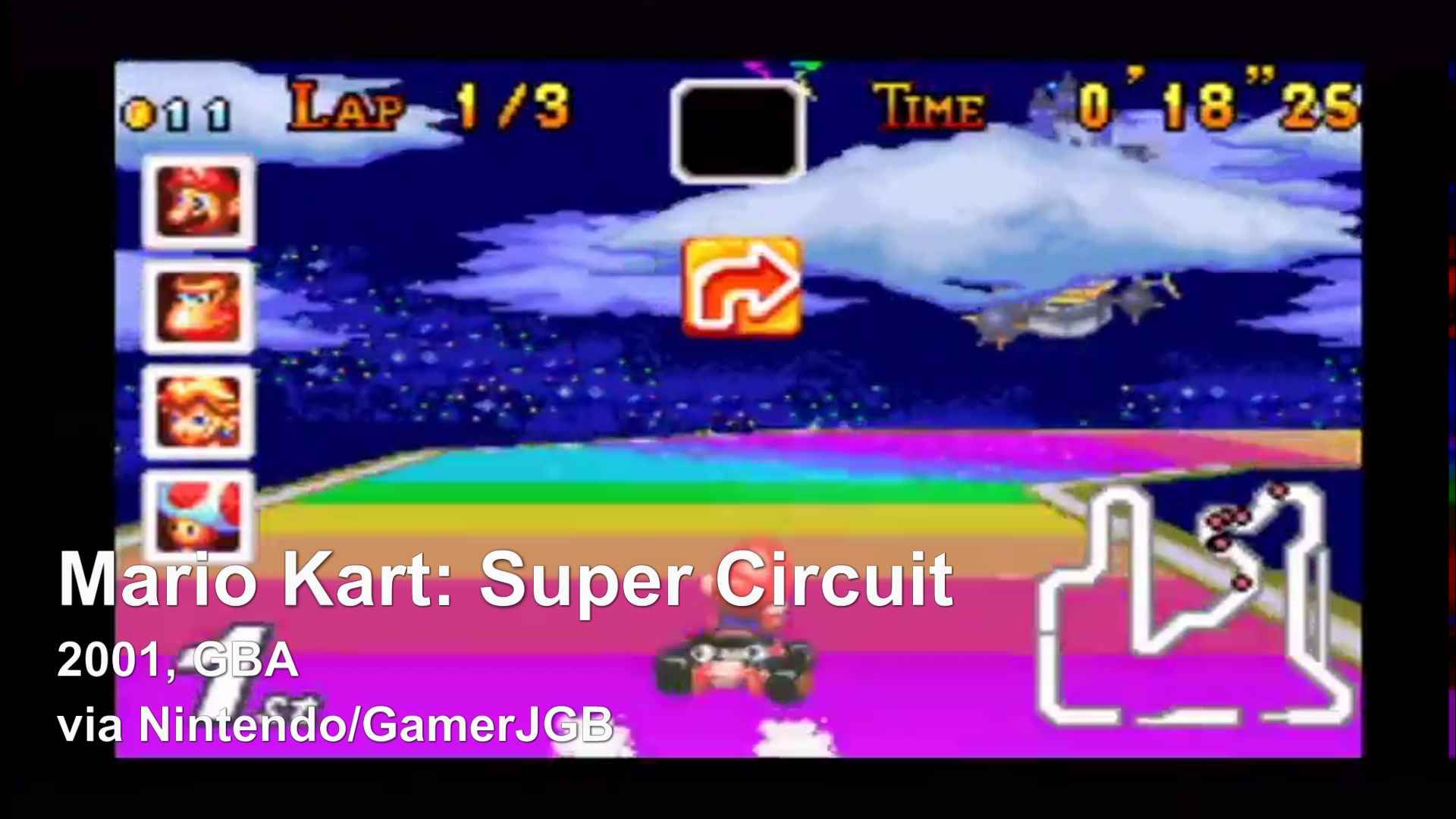 Mario Kart: Super Circuit showing Rainbow Road (without side barriers)