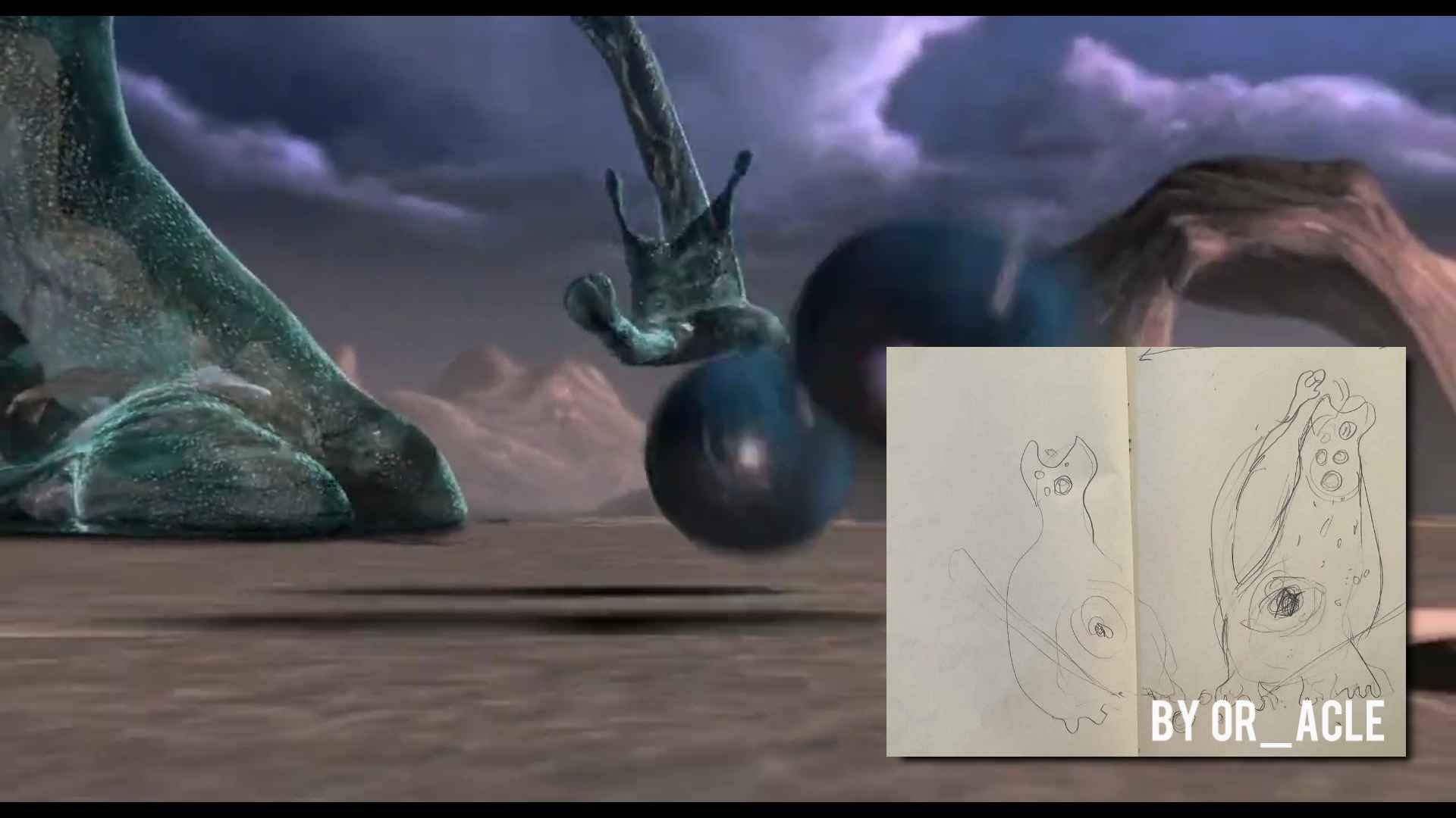 Men in Black ending, showing the creature rolling a marble, next to a drawing of what OR_ACLE (from Reddit) thought it looked like (with a face)