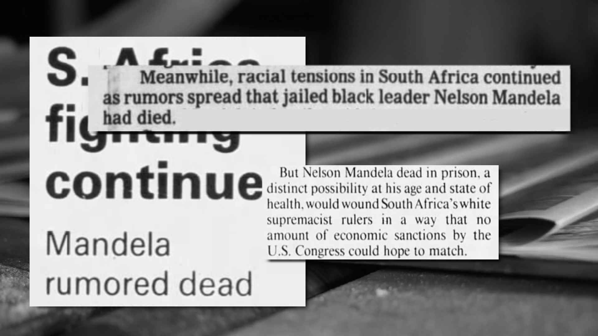 Various newspaper clippings alluding to Mandela dying in prison