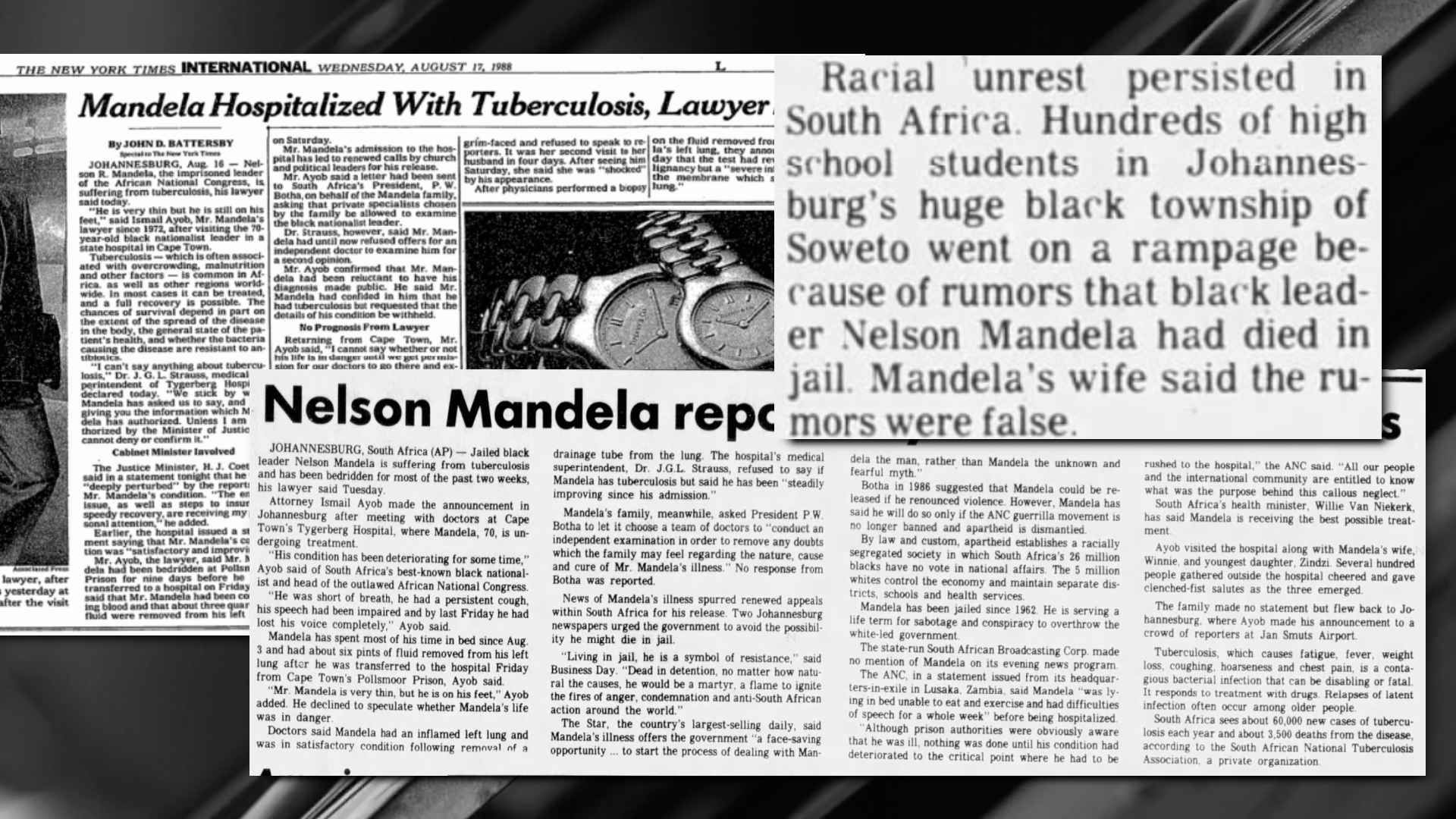 Various newspaper articles discussing Nelson Mandela's health problems