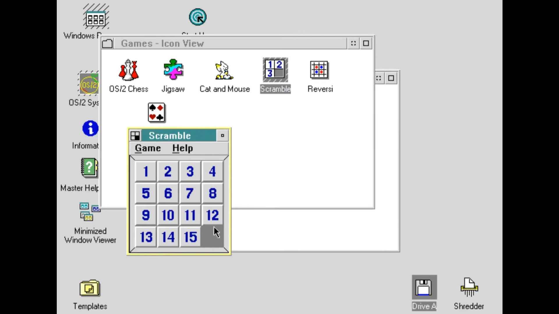 OS/2 Interface with a Scramble game on screen