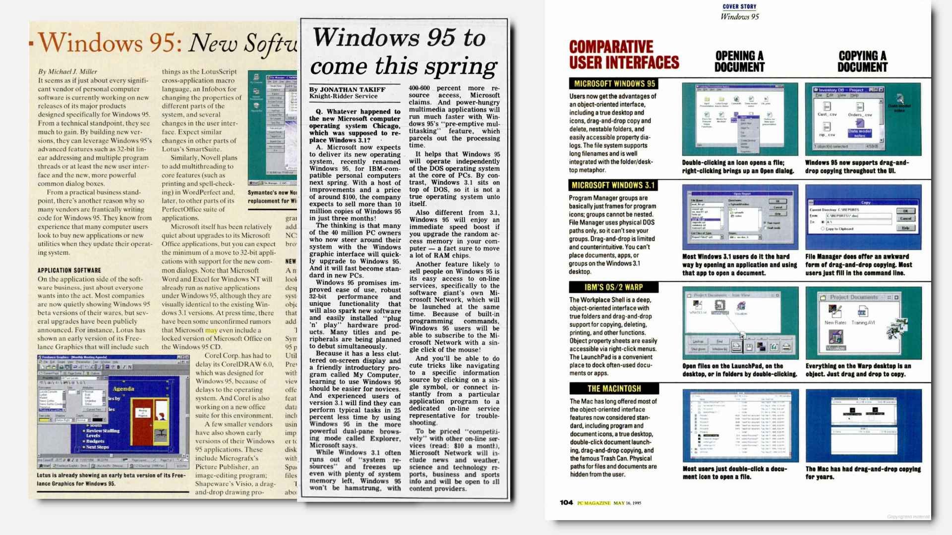 Various media clippings about Windows 95