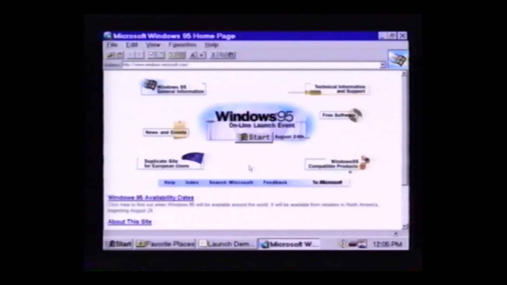 The Windows 95 Launch Event homepage