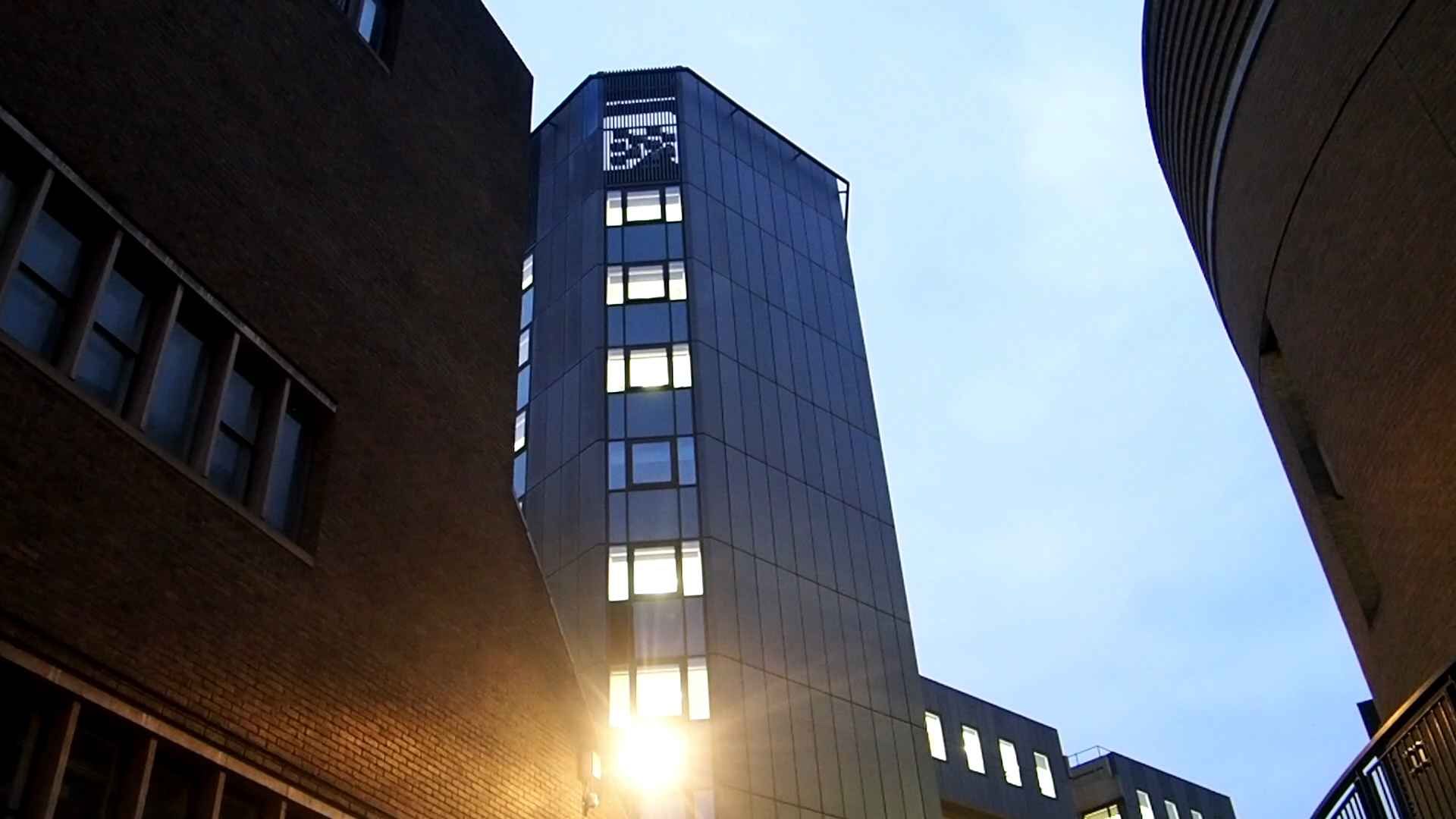 The tower of the old computer lab, glistening in the evening sun