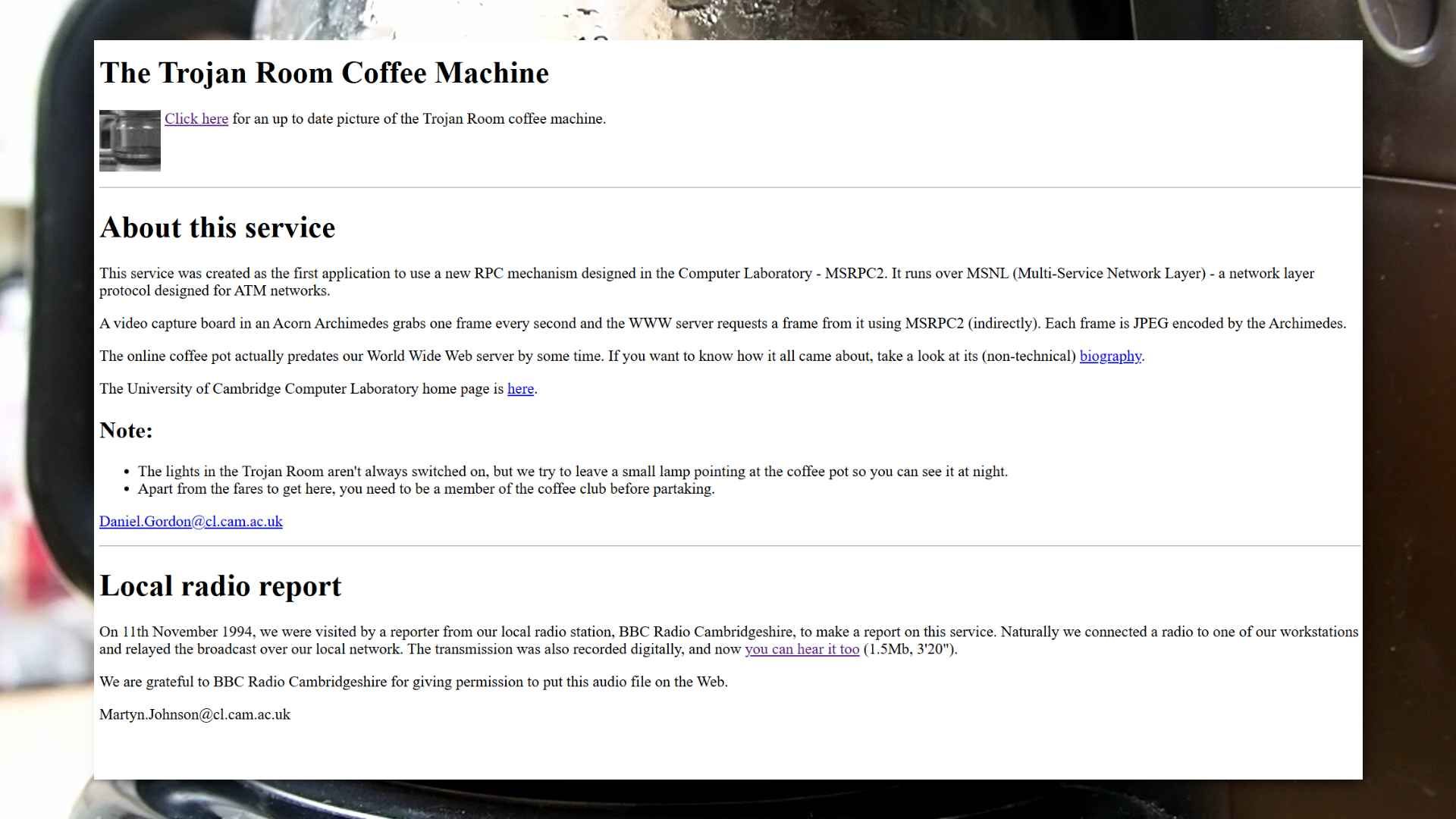 The original Trojan Room Coffee Machine landing page