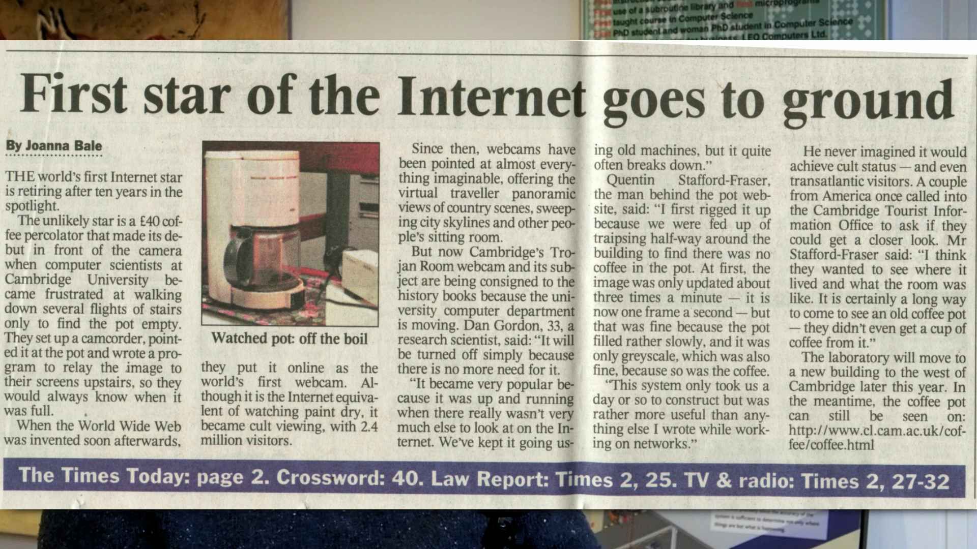 "First star of the Internet goes to ground" headline from The Times.