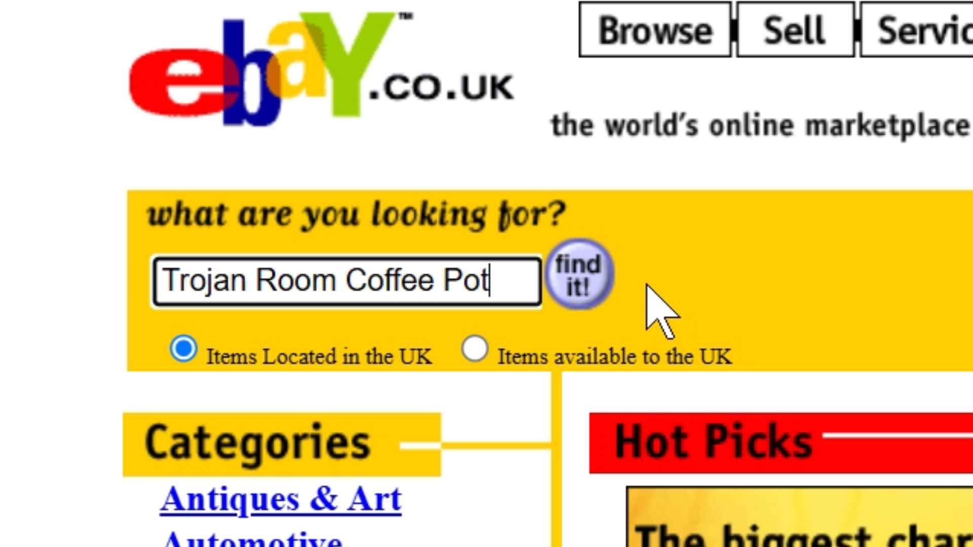 eBay.co.uk showing a search query for "Trojan Room Coffee Pot"