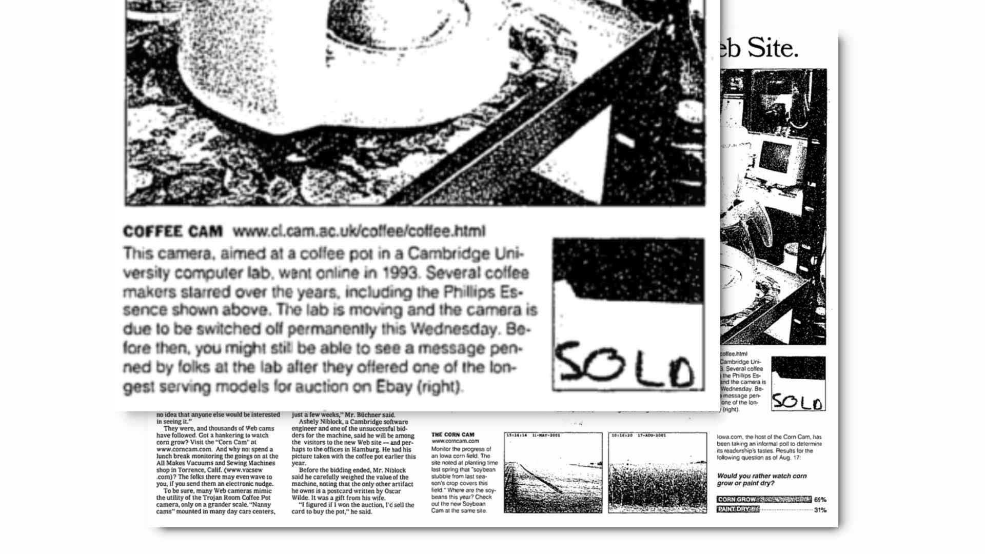 The Coffee Cam, from a NY Times news article, with the image showing "Sold", after the coffee machine was sold off.