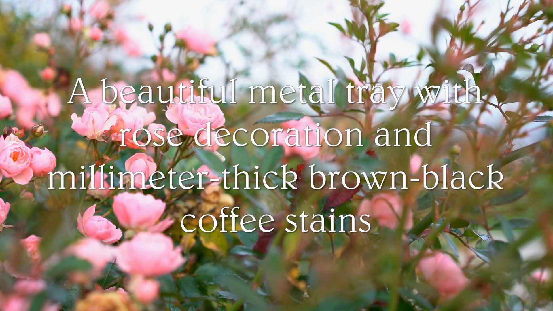 "A beautiful metal tray with rose decoration and millimetre-thick brown-black coffee stains"