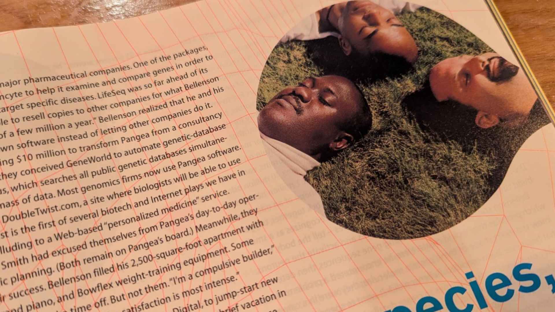 Joel, Dexter and another chap laying on the grass for a photo in Wired Magazine