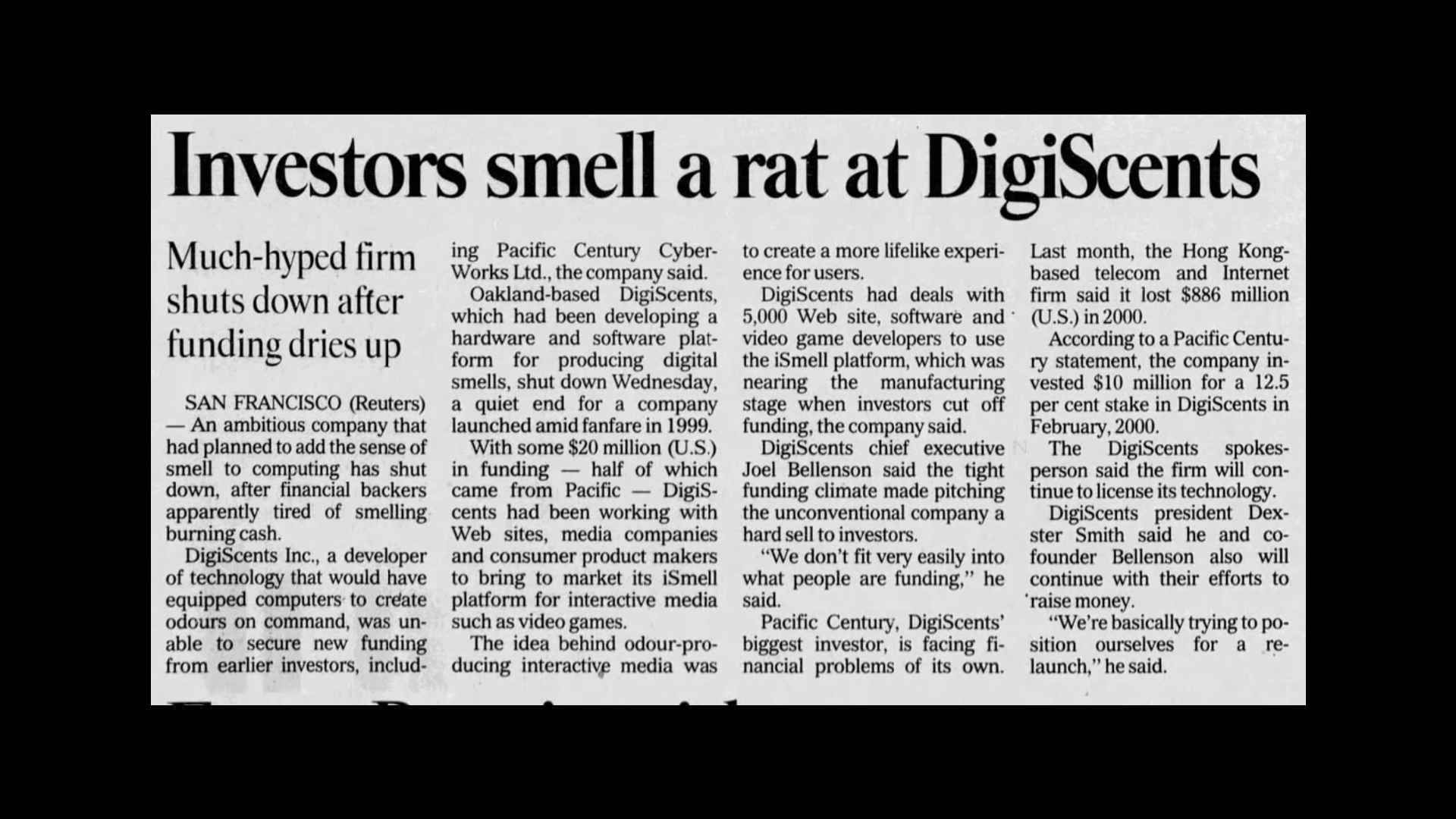 "Investors smell a rat at DigiScents" headline