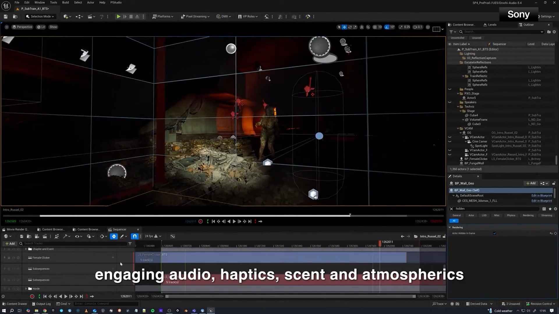 Sony workflow with the text "engaging audio, haptics, scent and atmospherics"