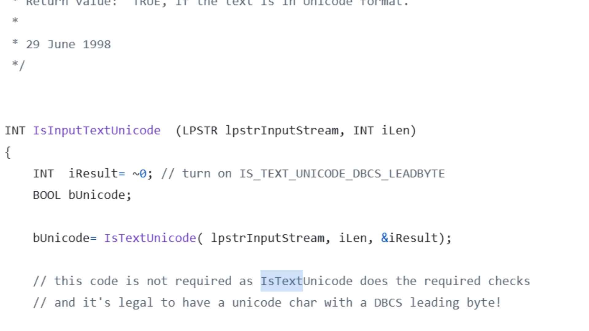 Source code calling IsTextUnicode