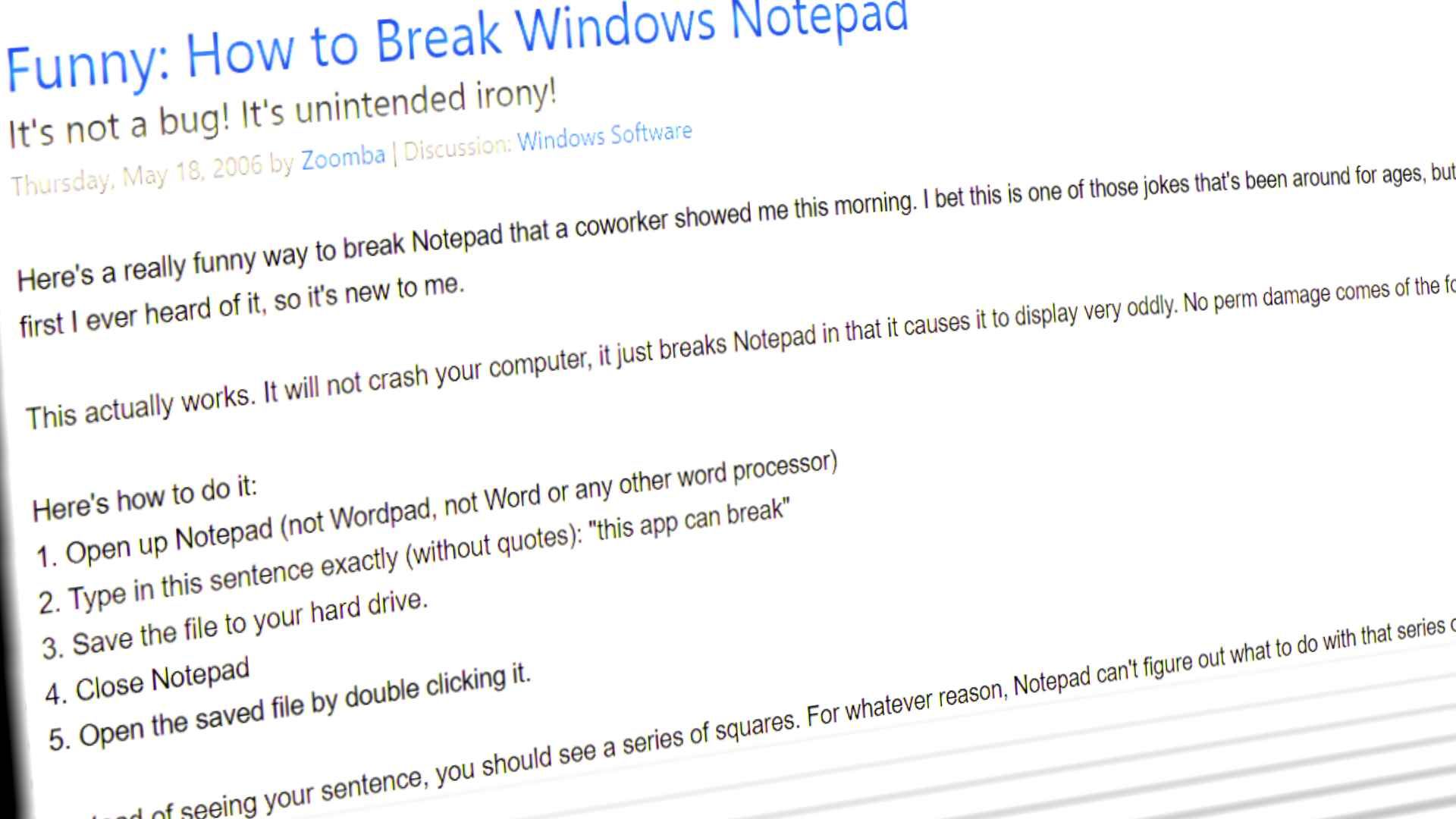 "How to break Windows Notepad" blog post