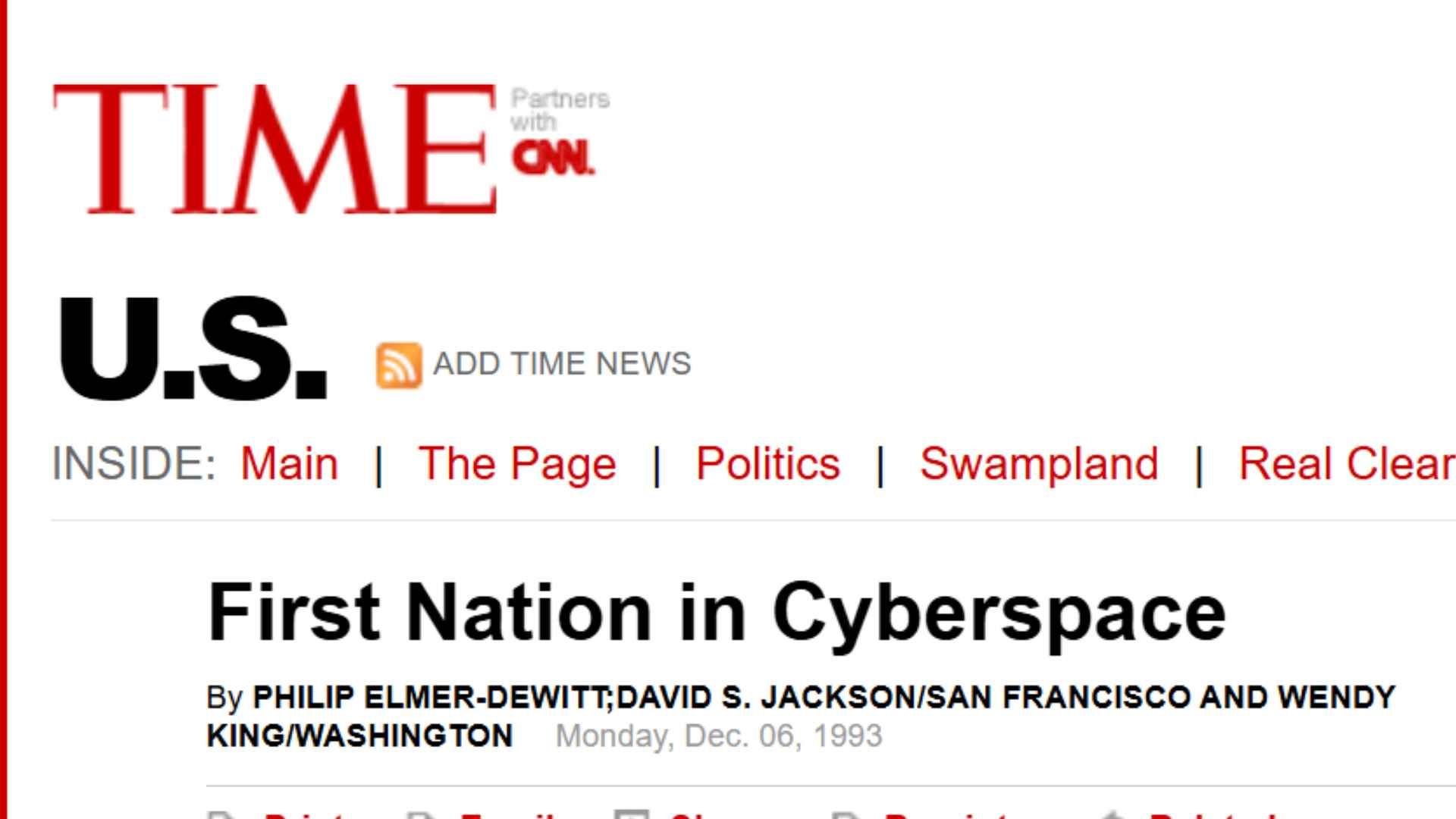 Time Magazine website news story on the 6th December 1993 - First Nation in Cyberspace