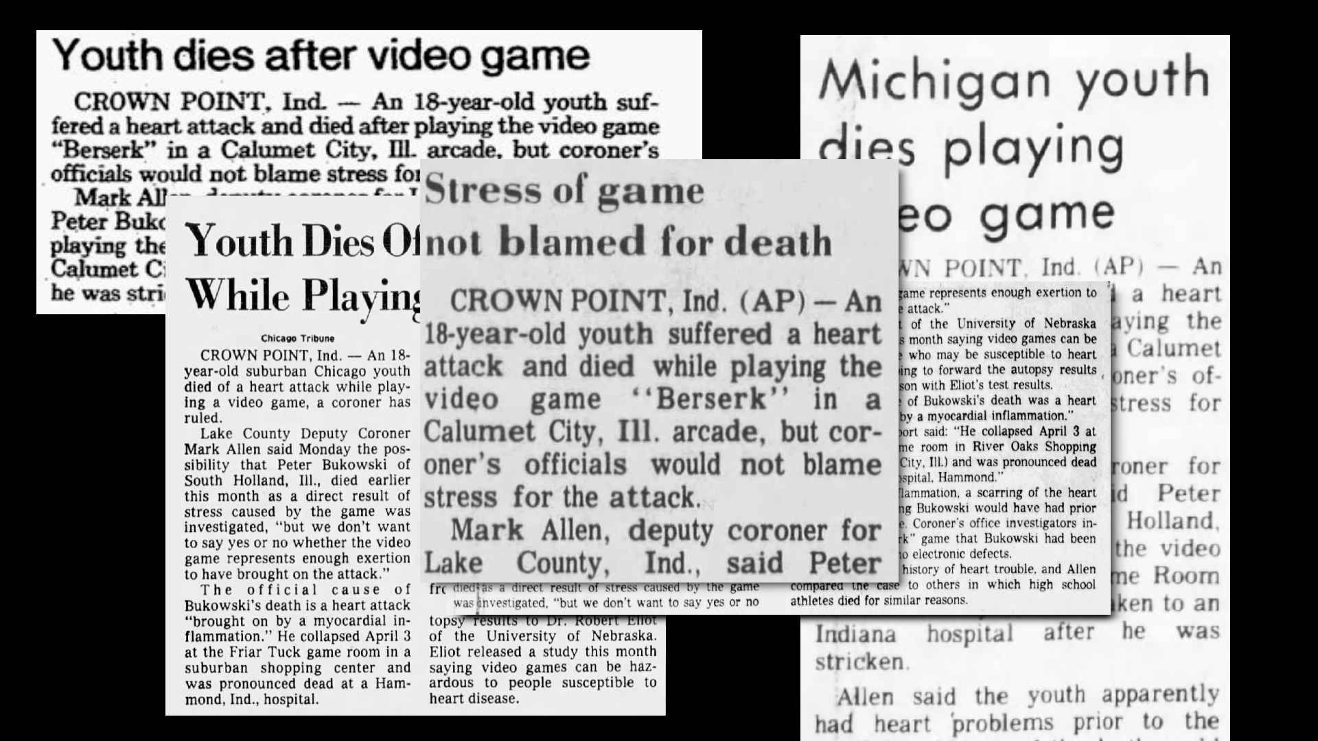 Various news articles, with the main "Stress of game not blamed for death" at the forefront
