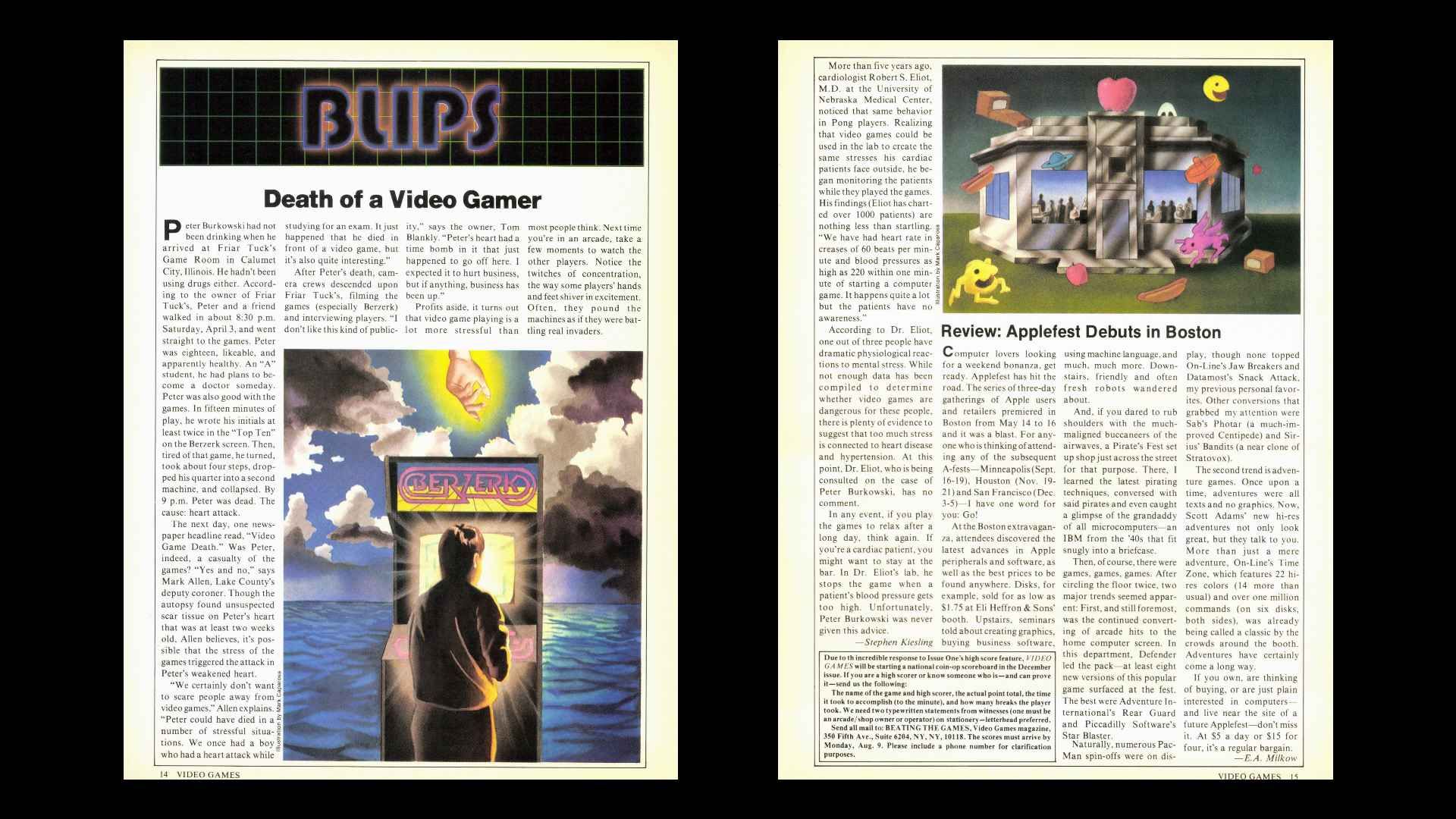 The "Blips" article on "Death of a Video Gamer" featured in Video Games Magazine, by Stephen Kiesling.