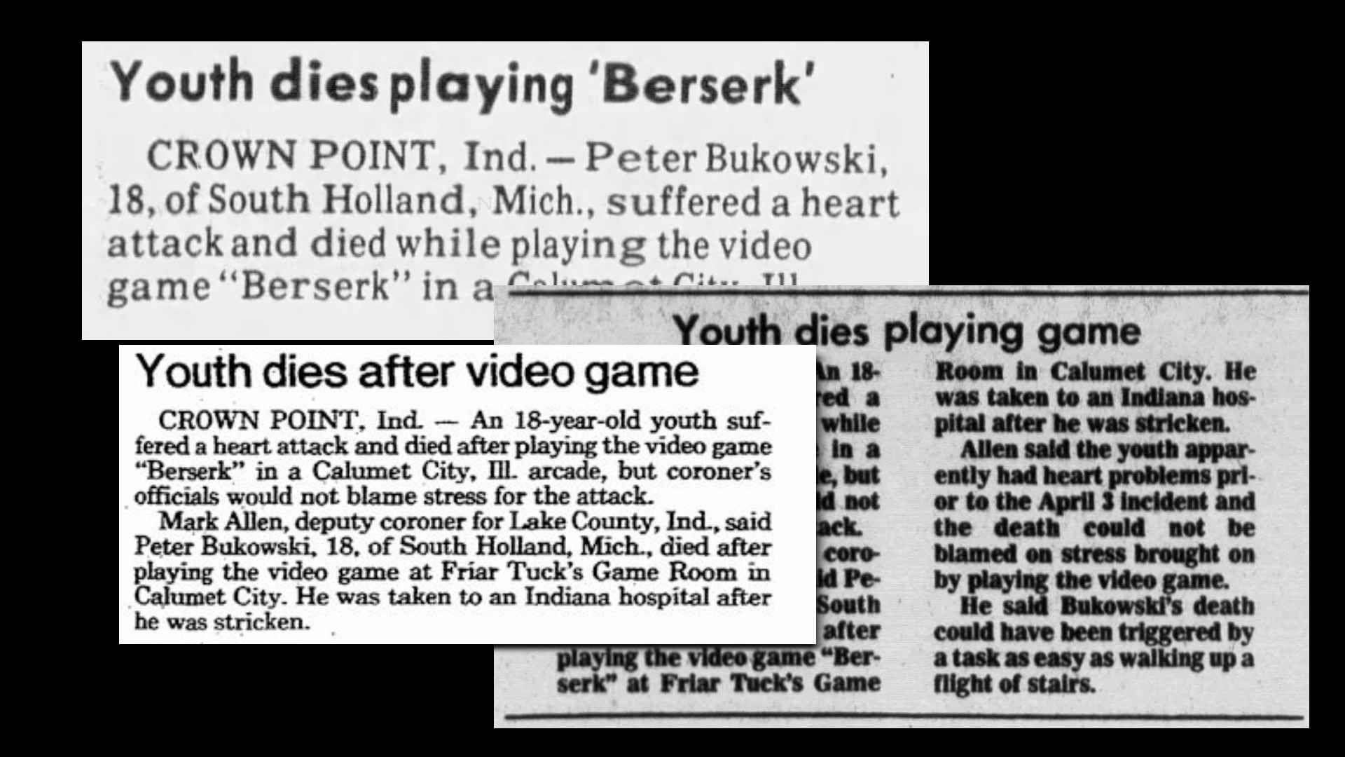 Various news stories about the "youth dies playing 'Berserk'"