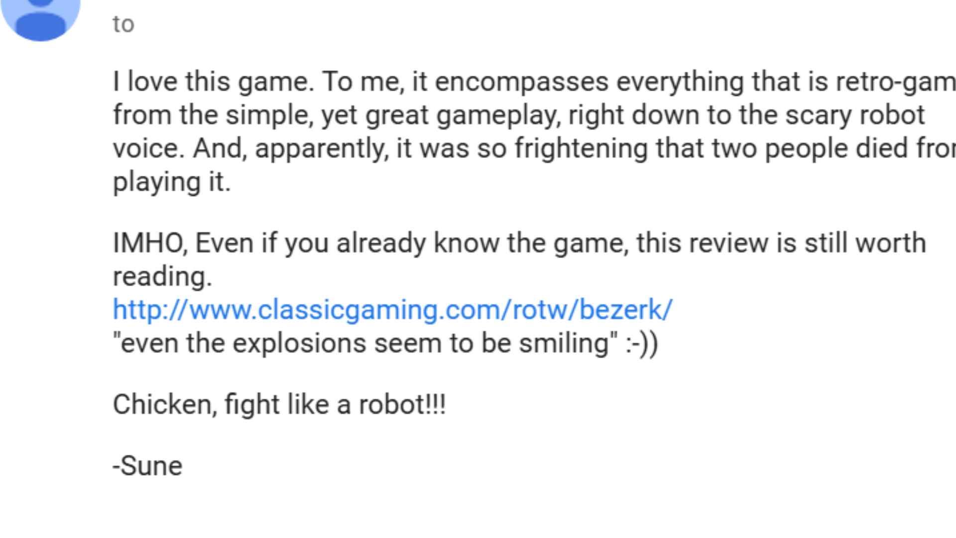 Usenet post linking back to classicgaming.com