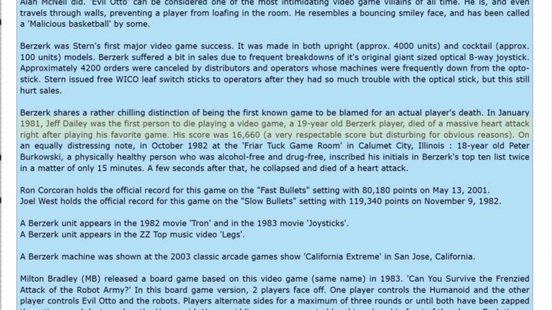 arcade-history.com excerpt on Bezerk with the high score snippet