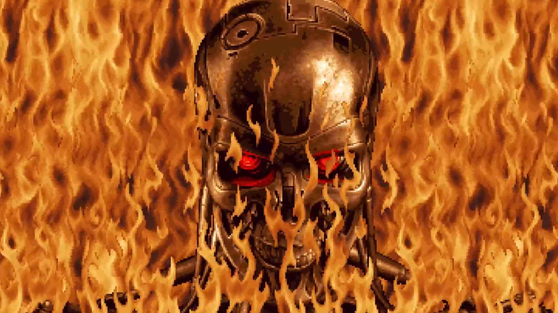 A T800 Endoskeleton emerging from the 2D: No Fate flames