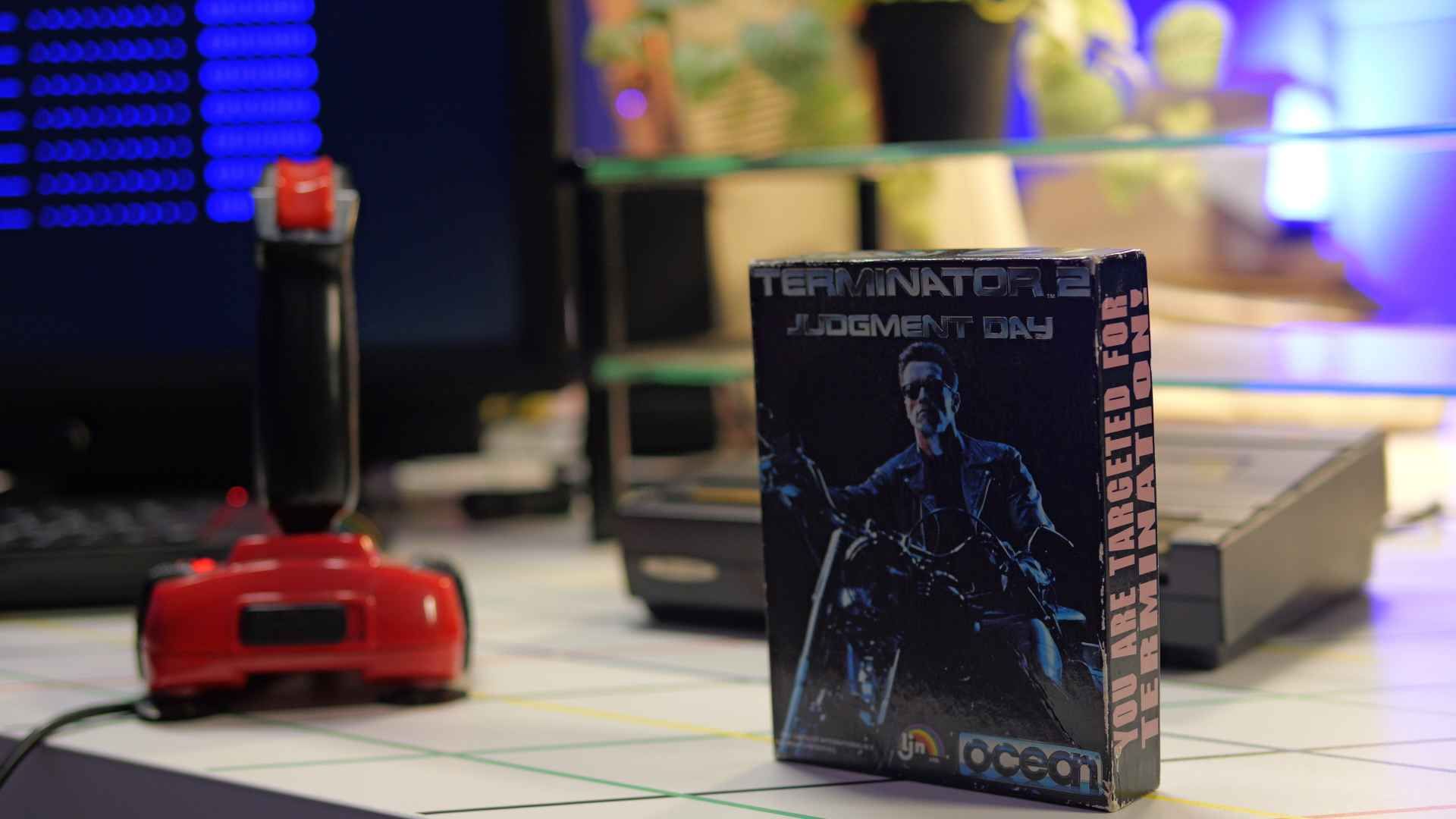 Terminator 2: Judgement Day ZX Spectrum box, on a desk, with a ZX Spectrum