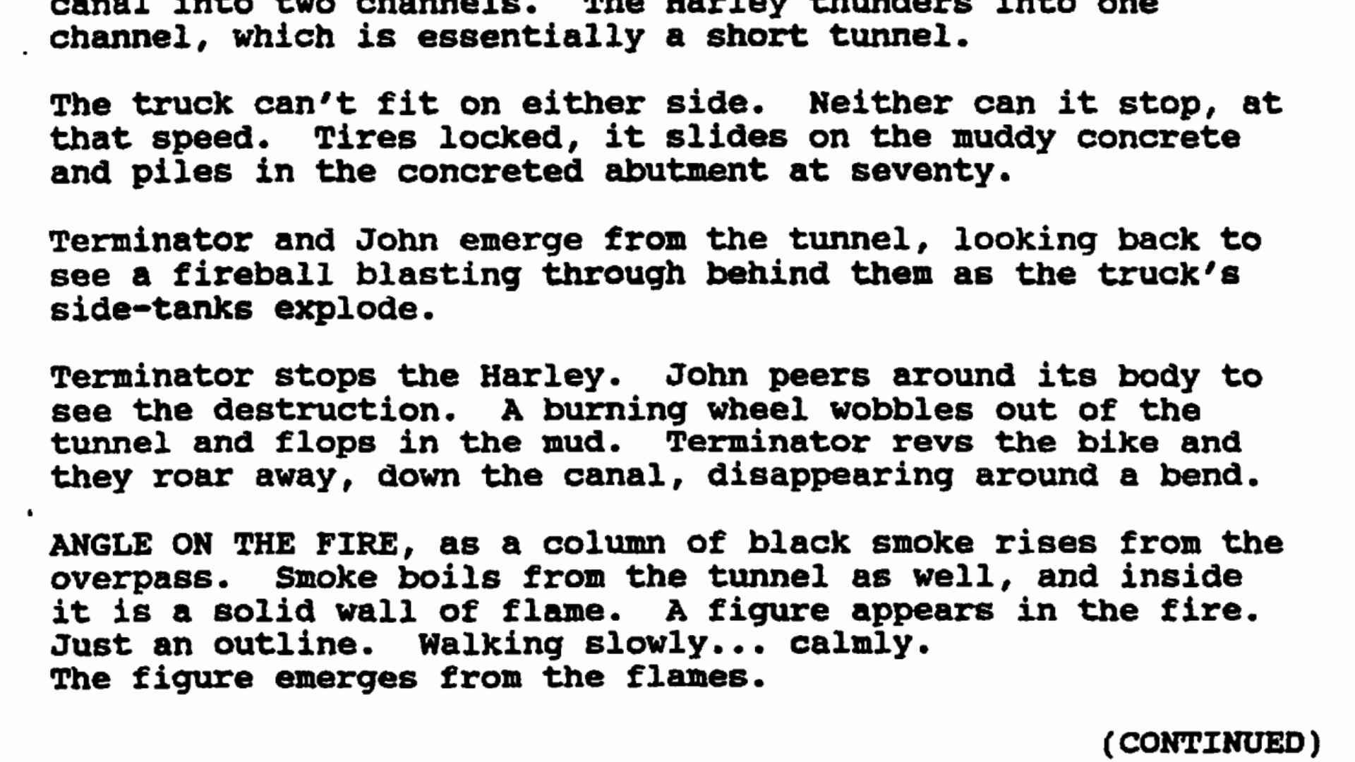 Terminator 2 Movie Script depicting the flood channel scene