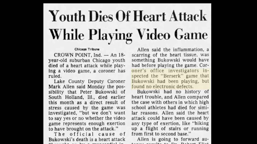 "Youth dies of heart attack while playing video game" article, with the highlighted text "Coroner's office investigators inspected the 'Berserk' game that Bukowski had been playing, but found no electronic defects."
