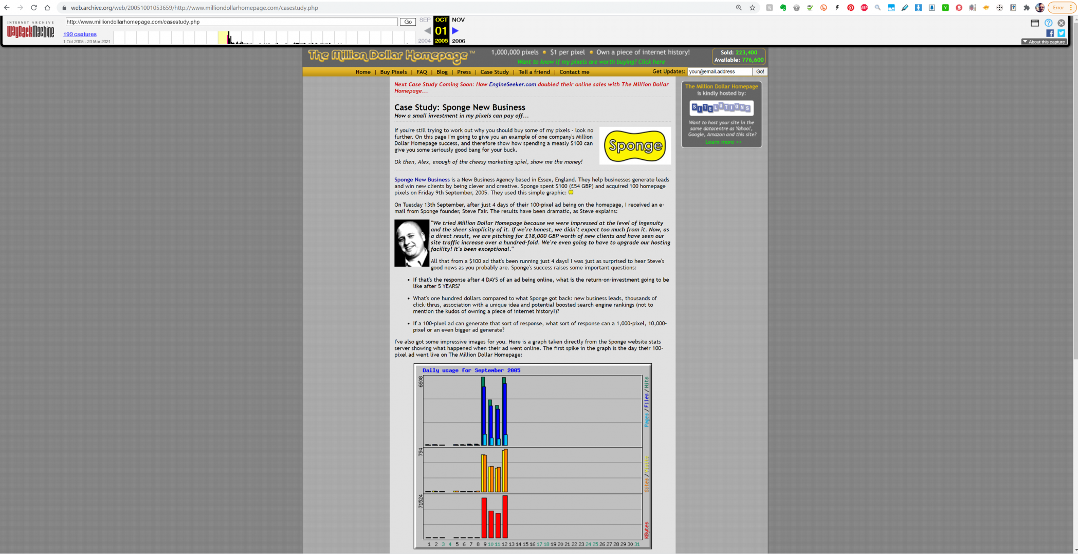 The Start of a Case Study from milliondollarhomepage, showing graphs with huge growth. Also, the Sponge New Business logo.